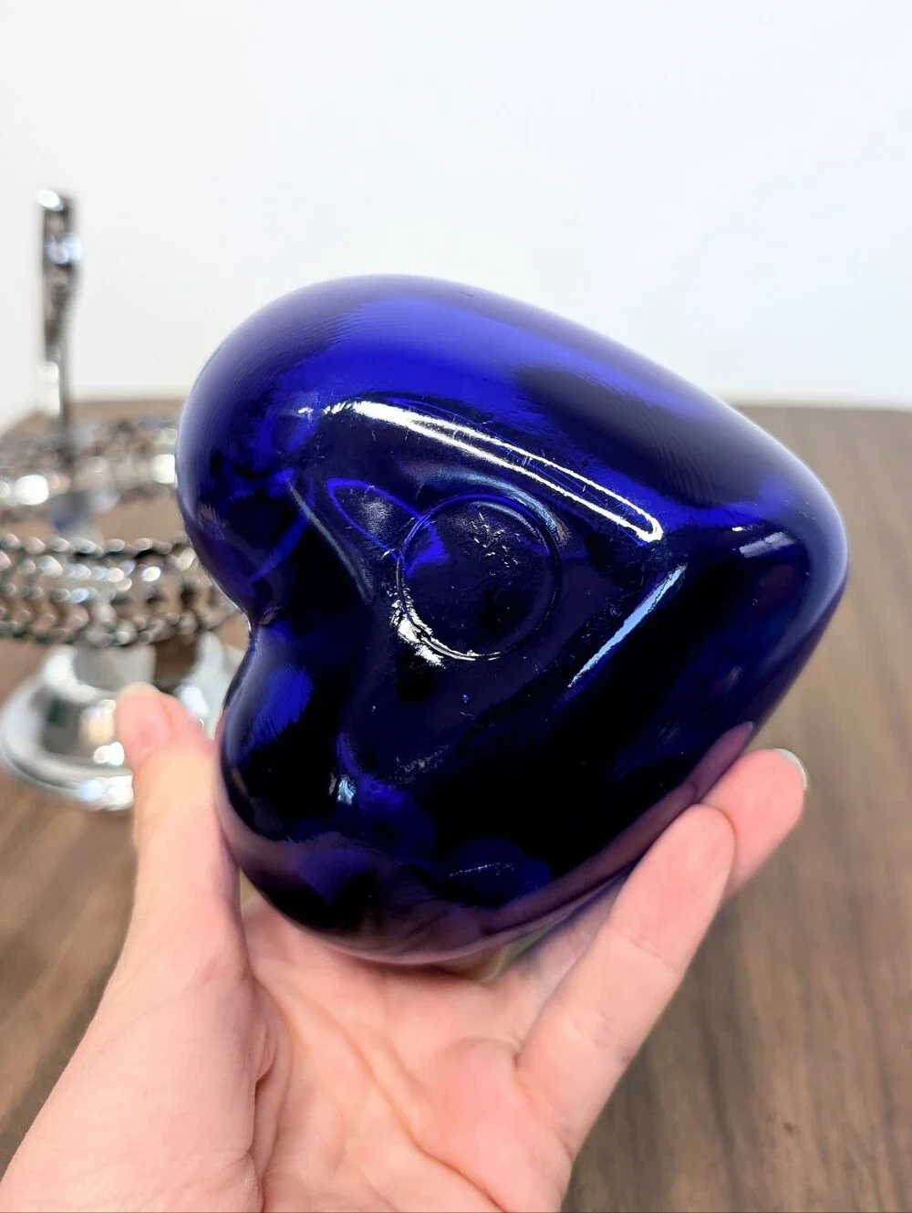 Vintage Cobalt Blue Glass Heart Shaped Bowl In Silver Tone Metal Handled Basket